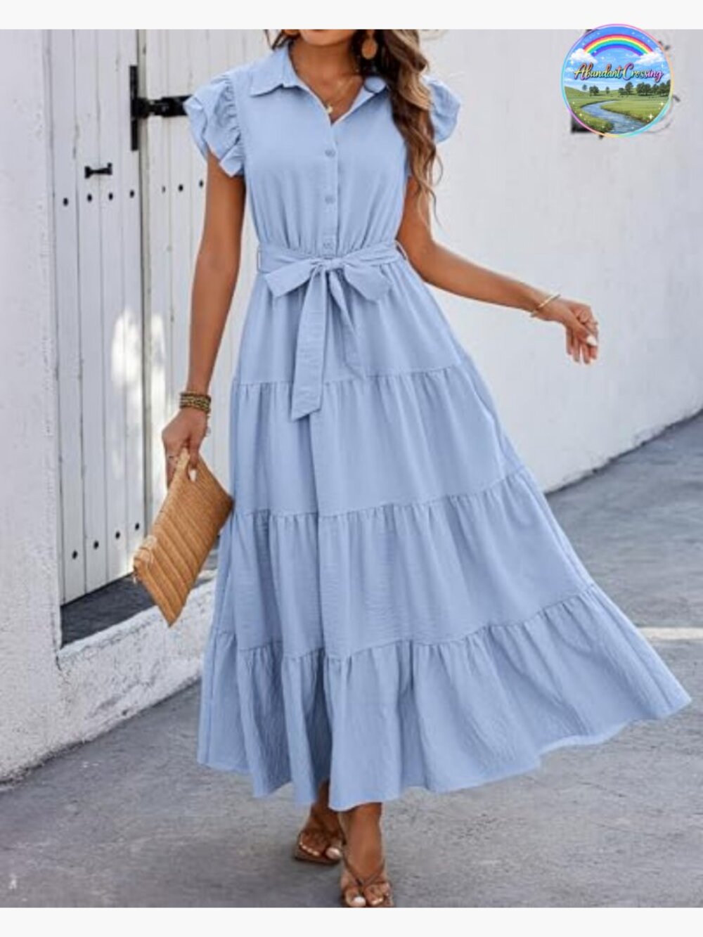 Cap Ruffle Sleeve V Neck Button Tiered Boho Maxi Dress with Pockets - Picture 6 of 7